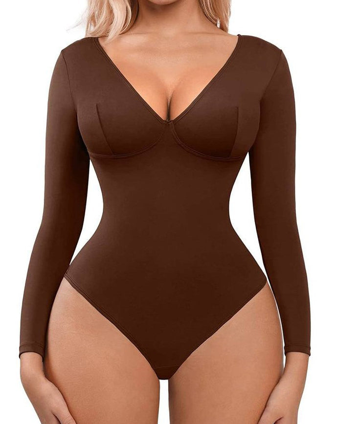 V-Neck Tummy Sculpt Shaping Bodysuit Brown