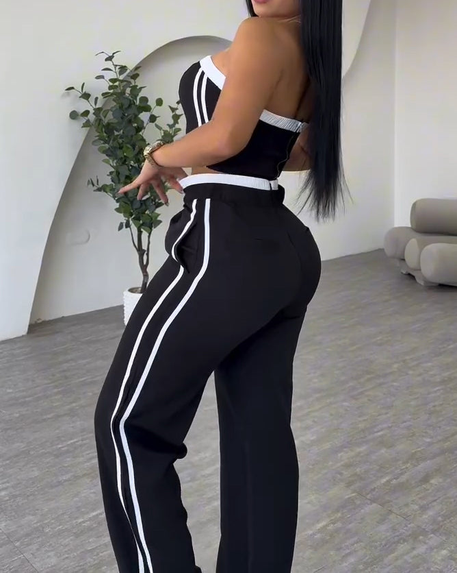 Fashion Stitching Style Tube Top Wide Leg 2 Piece Set