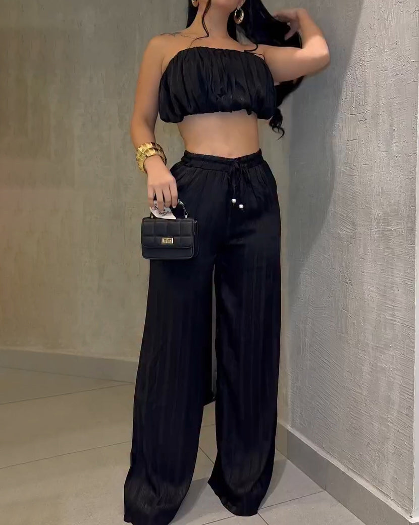 Shinny Bandeau Wide-Leg Slim Fit 2-Piece Set Black