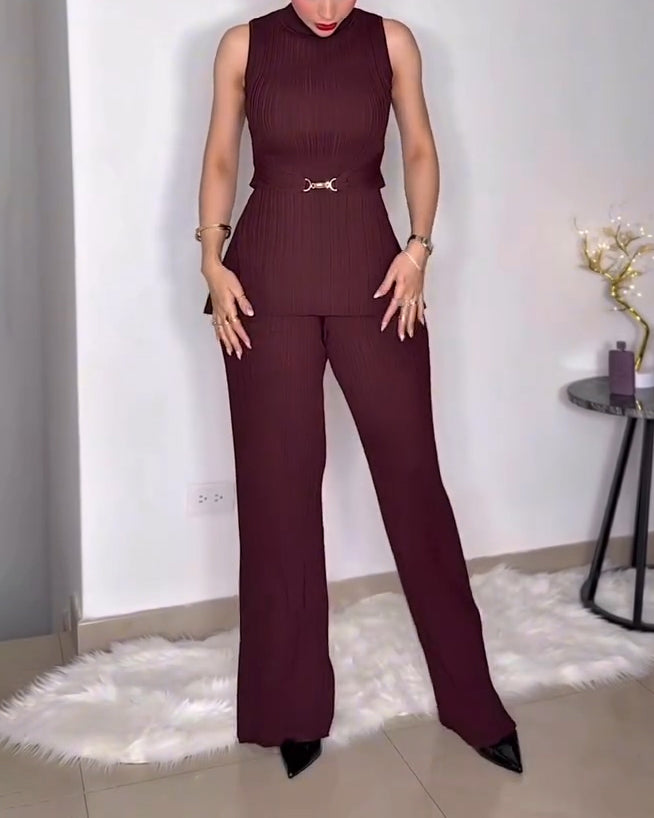Women's Sleeveless Casual 2-Piece Set Brown