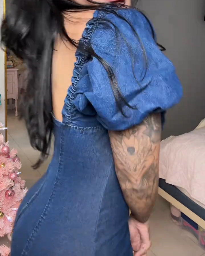 Women's Puff Sleeve Denim Bodycon Dress