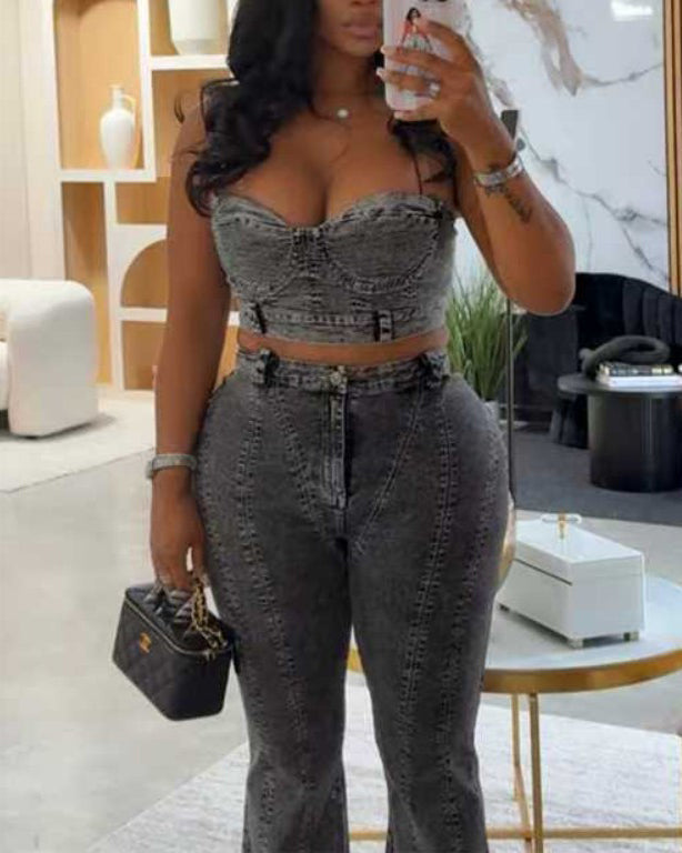 Bandeau Slim Fit Denim 2-Piece Set Gray