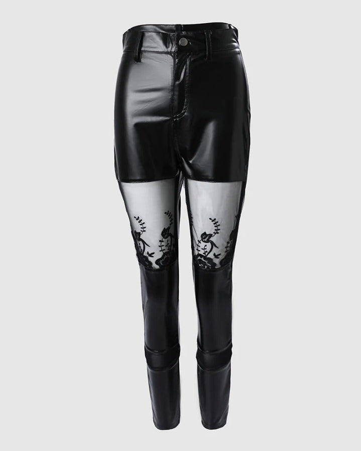 Lace-Trimmed Skinny Leather Mid-Length Leggings