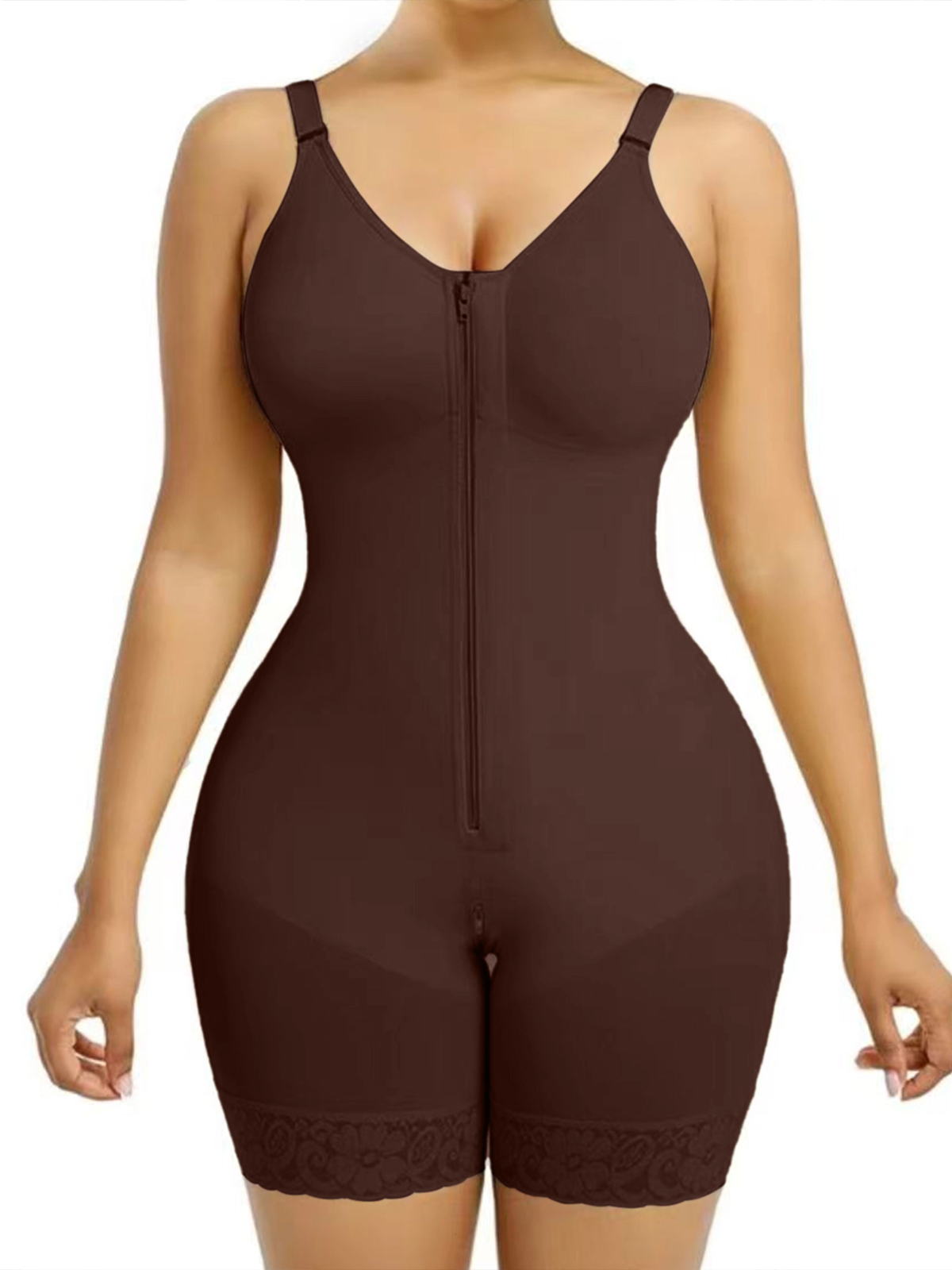 Breathable Leg Fabric Patchwork Bust Shaping Bodysuit Brown