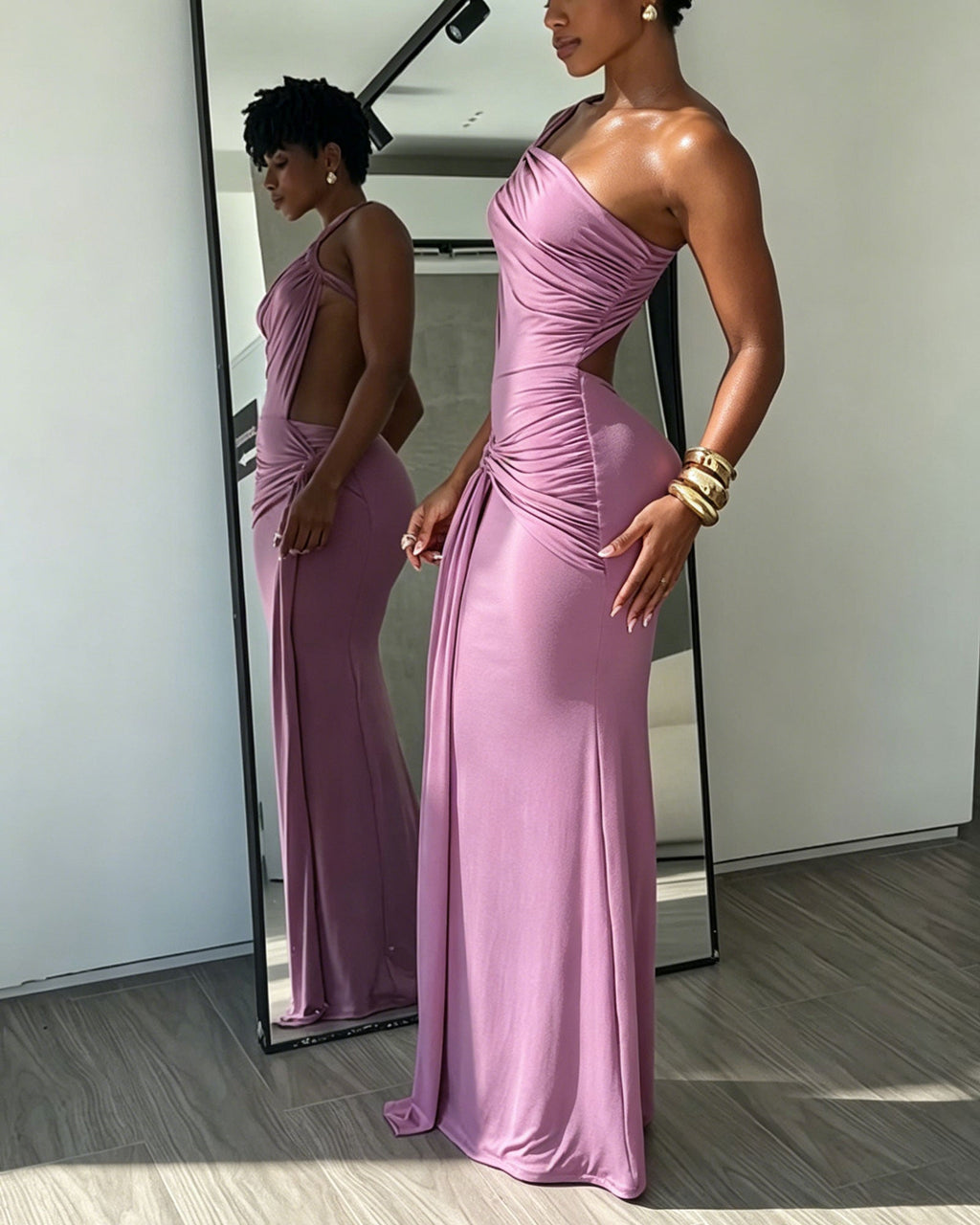 Solid Color One Shoulder Twisted Shoulder Strap Side Cutout And Pleated Maxi Dress