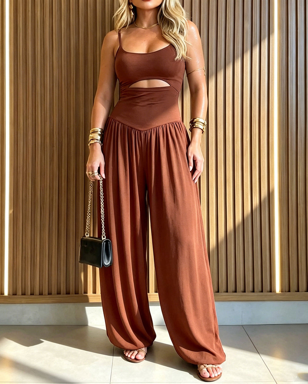 Spaghetti Strap Cutout Waist Tie-Back Wide Leg Jumpsuit