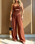 Spaghetti Strap Cutout Waist Tie-Back Wide Leg Jumpsuit