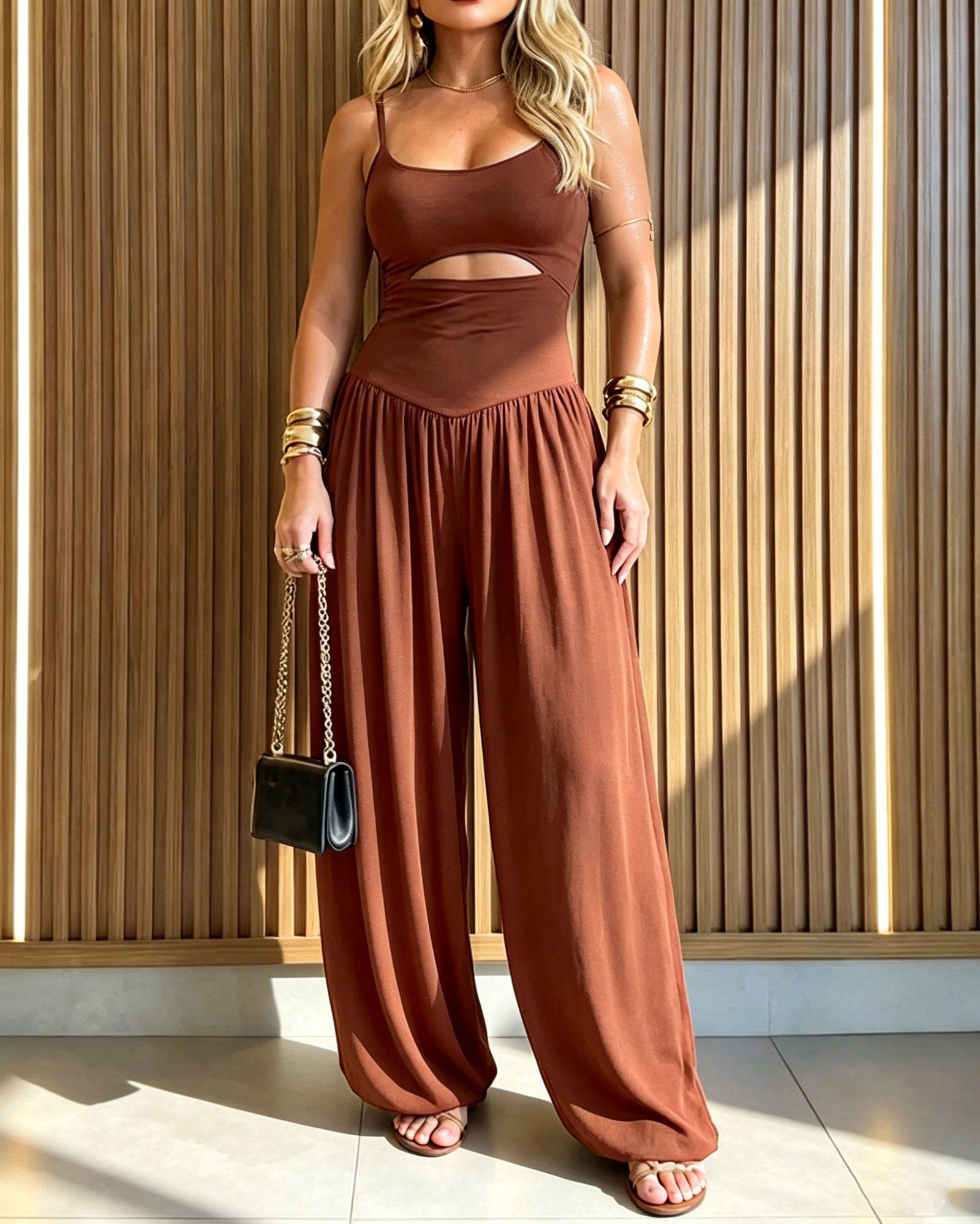 Spaghetti Strap Cutout Waist Tie-Back Wide Leg Jumpsuit