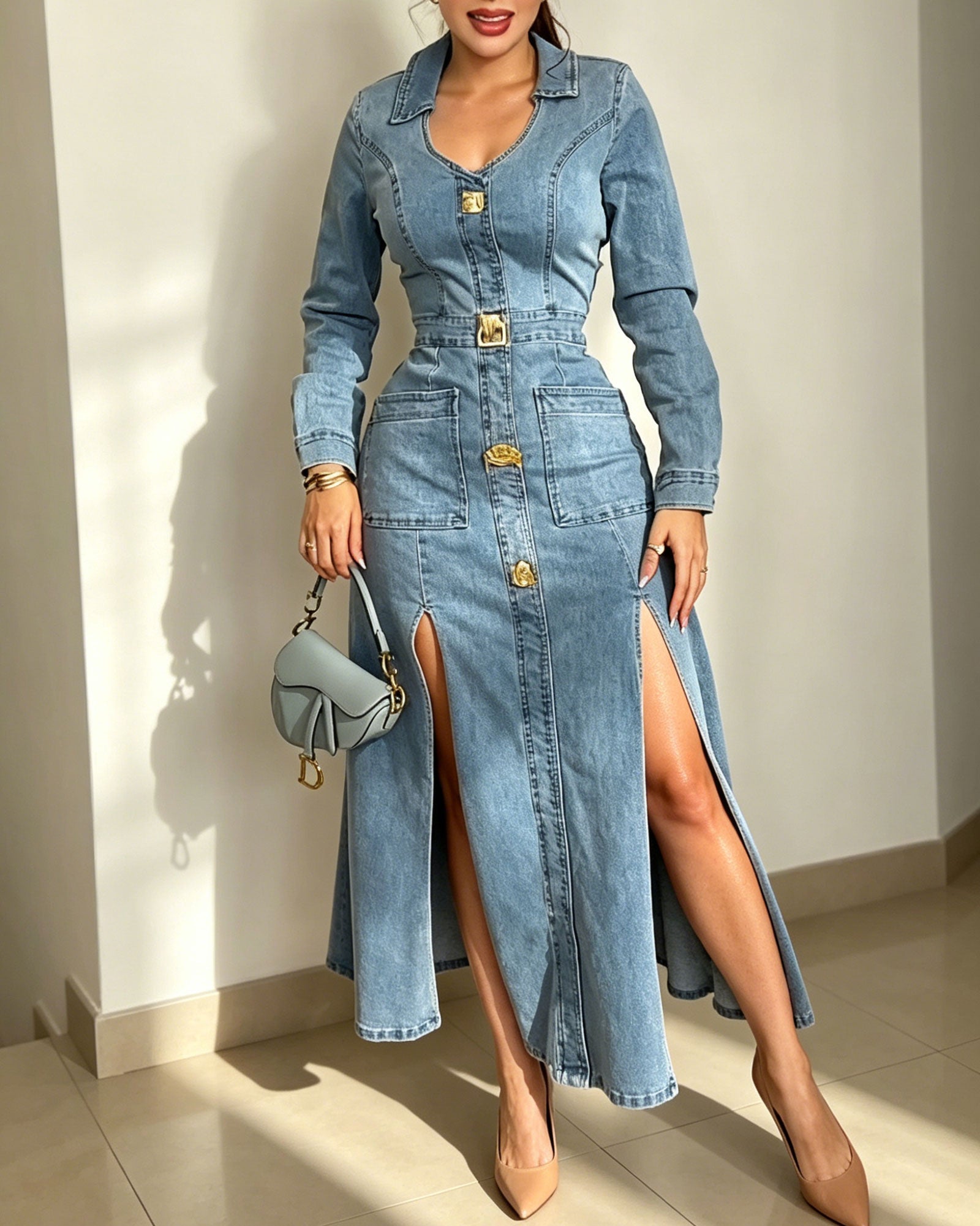 Denim Midi Dress with Gold Buttons, High Slit and Belted Waist