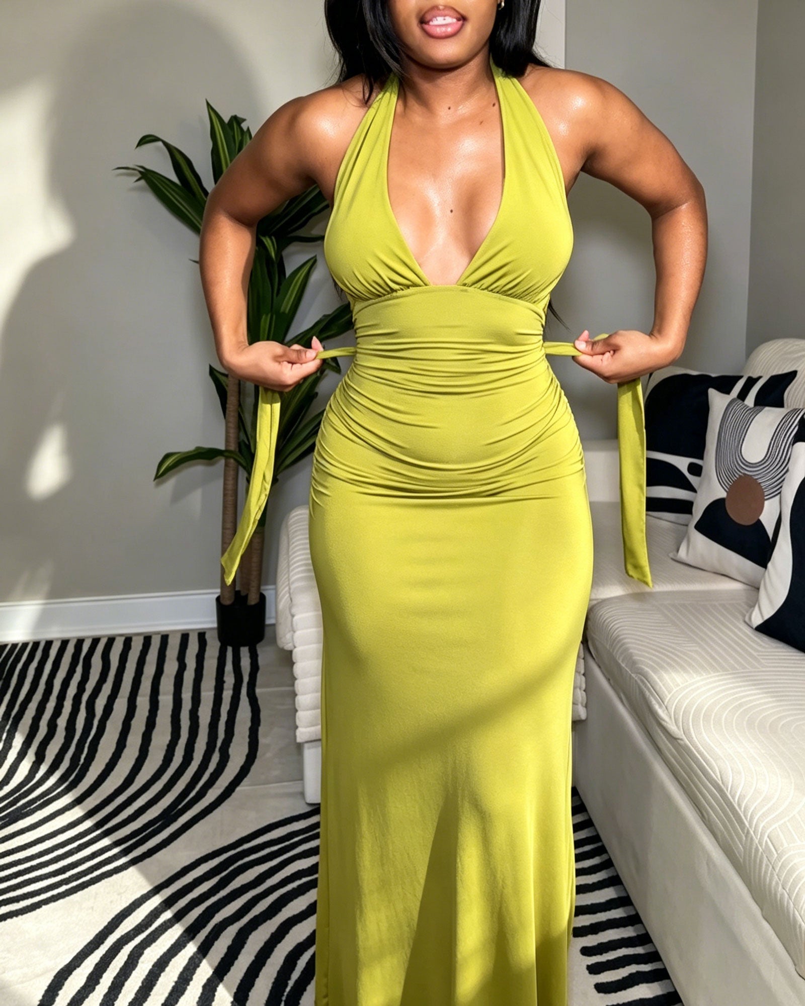 Halter Neck Open Back Ruched Bodycon Maxi Dress