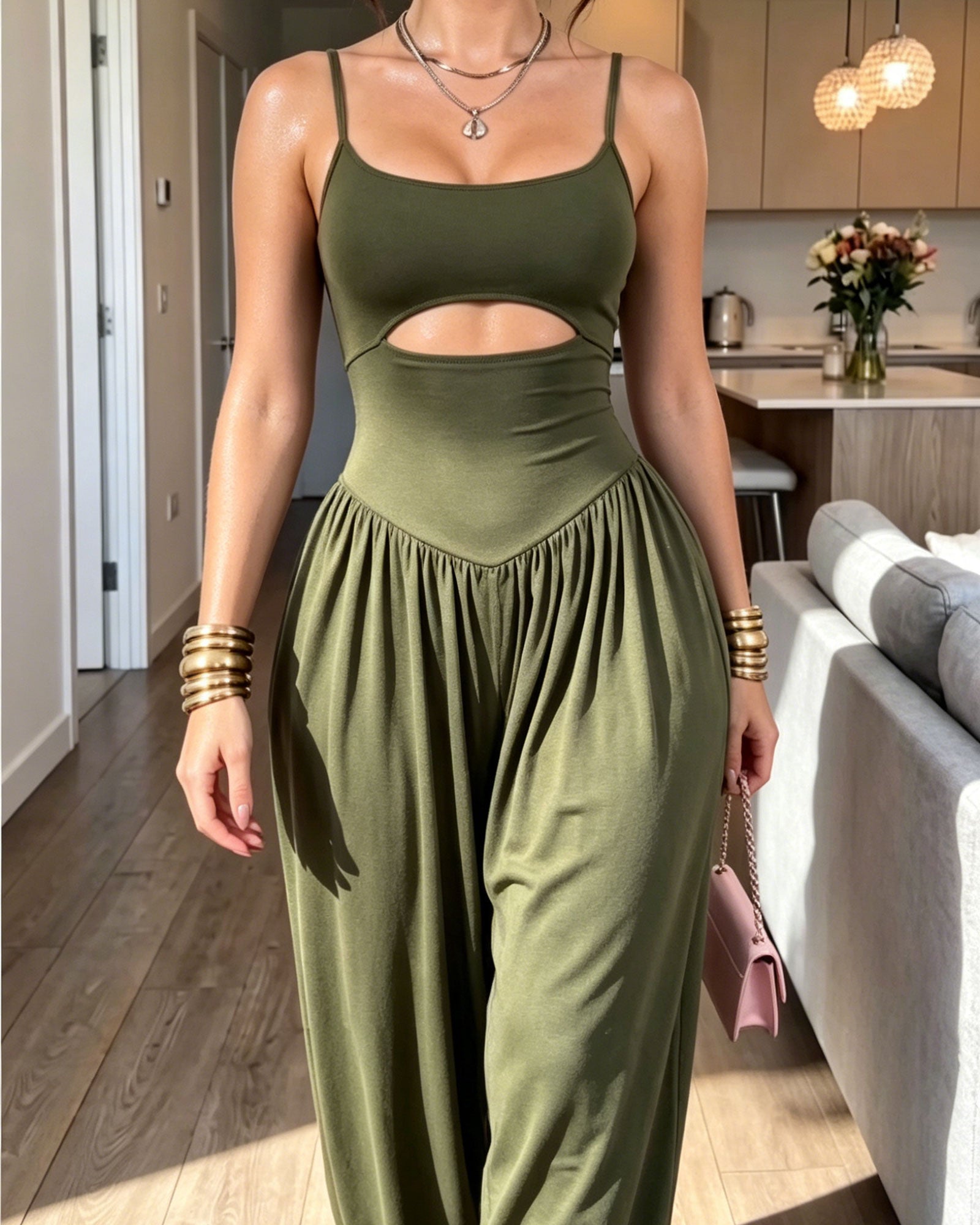 Spaghetti Strap Cutout Waist Tie-Back Wide Leg Jumpsuit