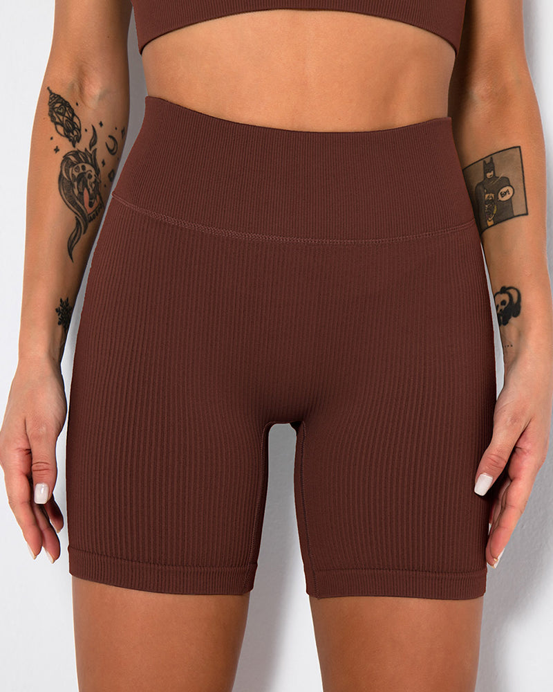 High Waist Fitness Pants Sports Running Yoga Shorts Brown
