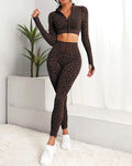 Leopard Zip-up High Waist Long Sleeve Trousers Two-piece Set Peru