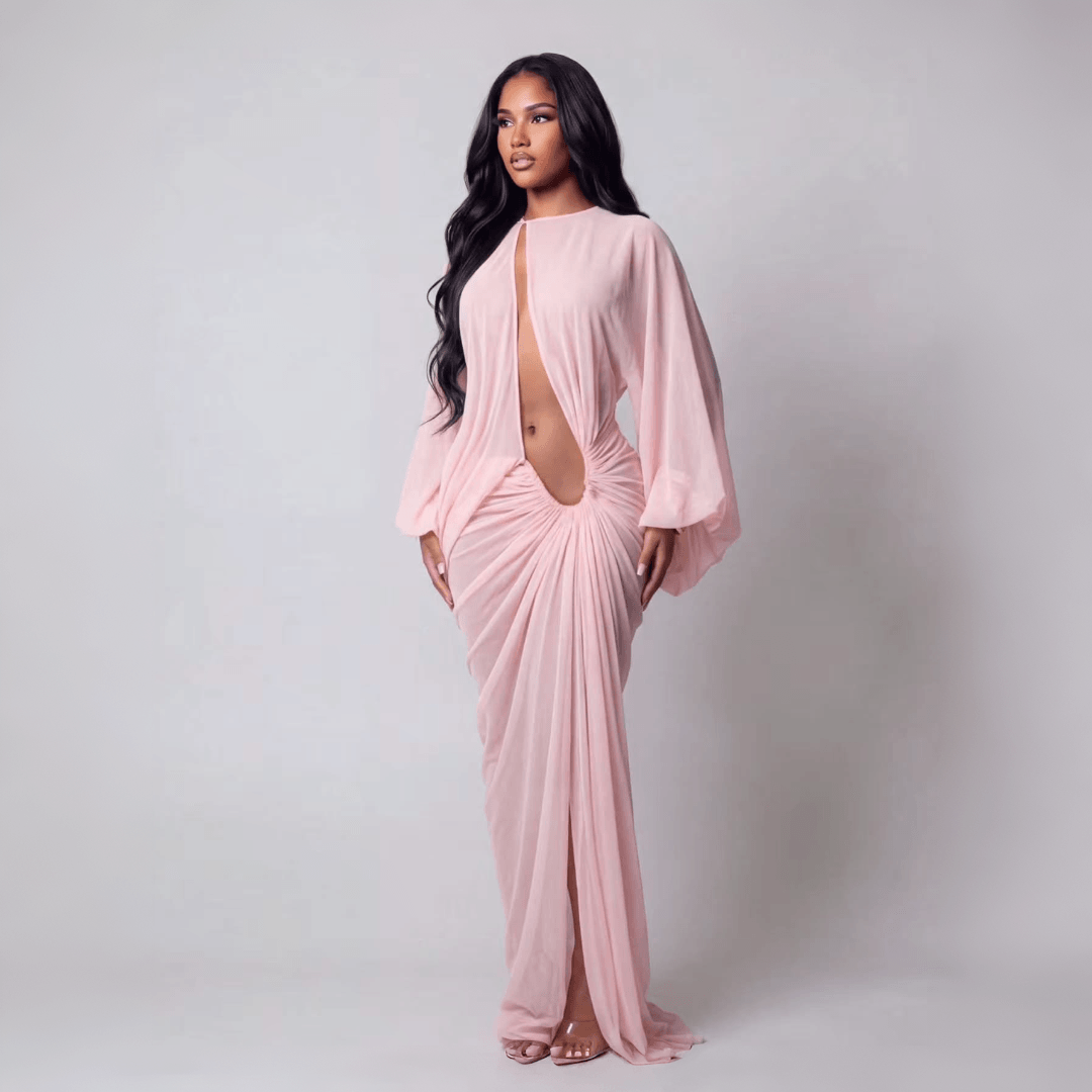 Sheer Cutout Draped Maxi Dress