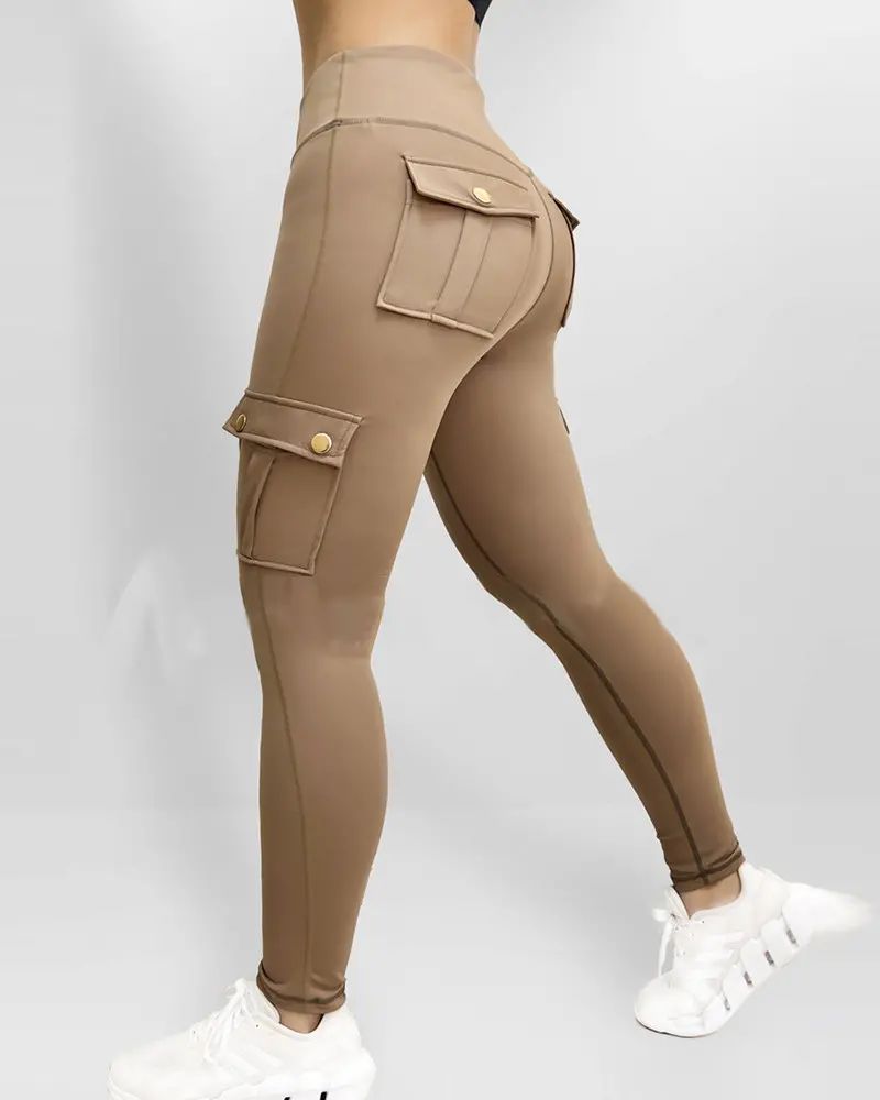 Pocket Design Butt Lifting Active Pants Khaki