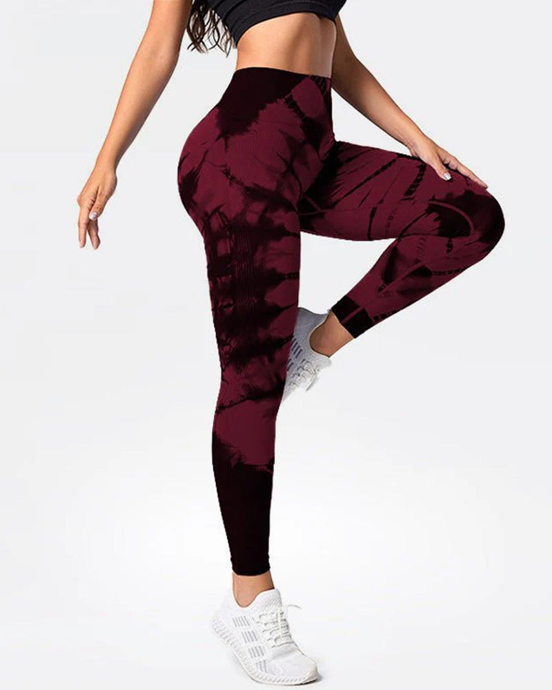 Seamless Tie Dye High Waisted Active Yoga Pants DarkRed