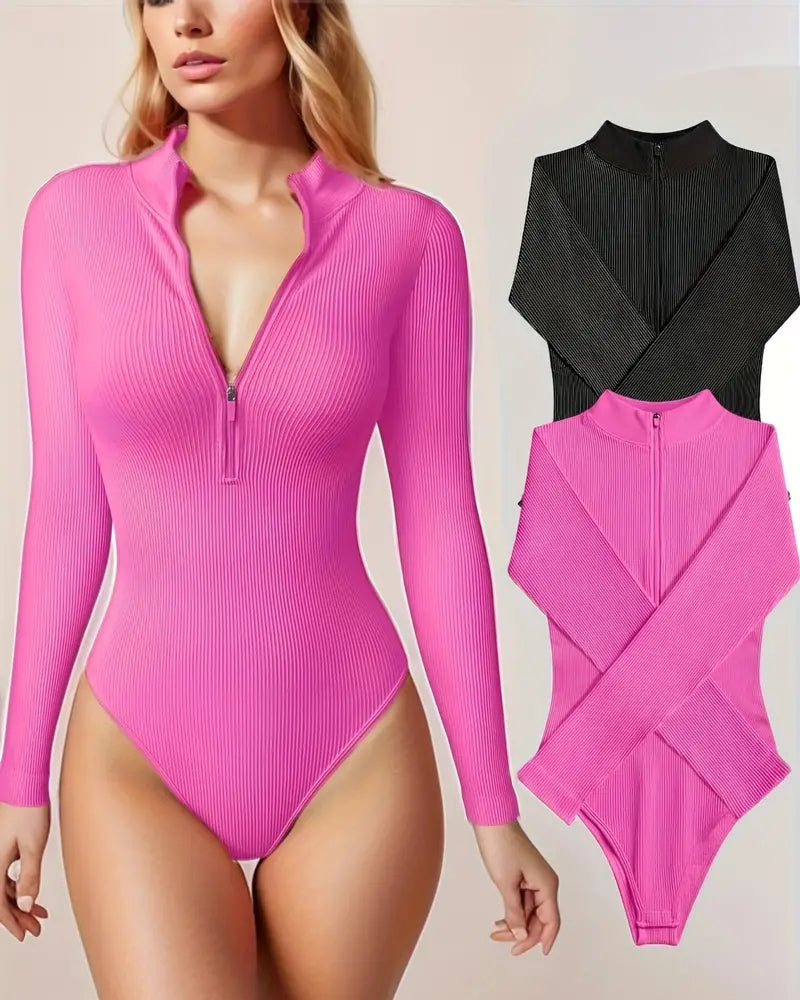 Fashion Long Sleeve Zipper Front Sexy Ribbed Tights