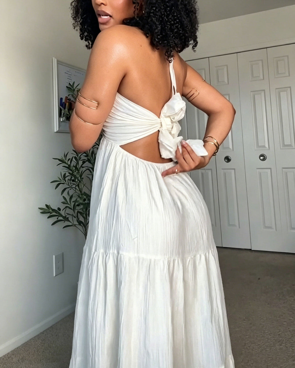 Deep V-neck Backless Halter-Neck Layered Long Dress