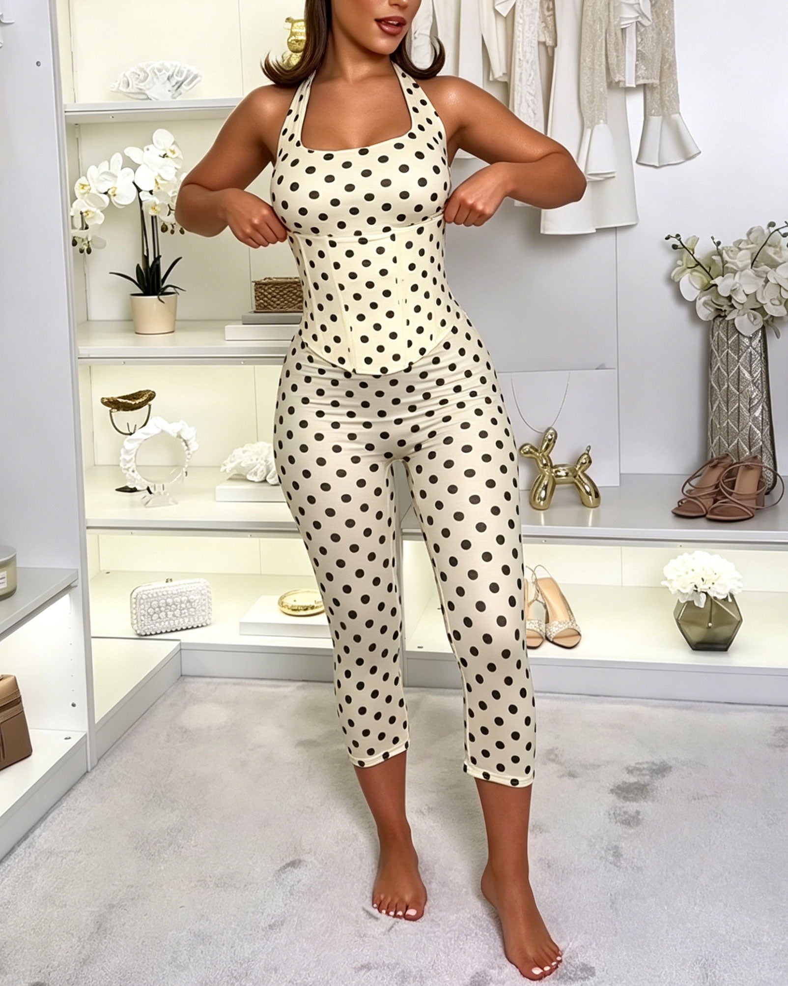 Polka Dot Halter Top Corset Capri Leggings Three-Piece Set