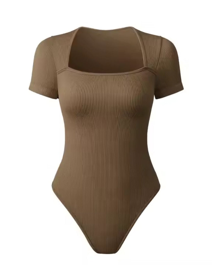 Square Neck Short Sleeve Ribbed Thong Bodysuit Olive