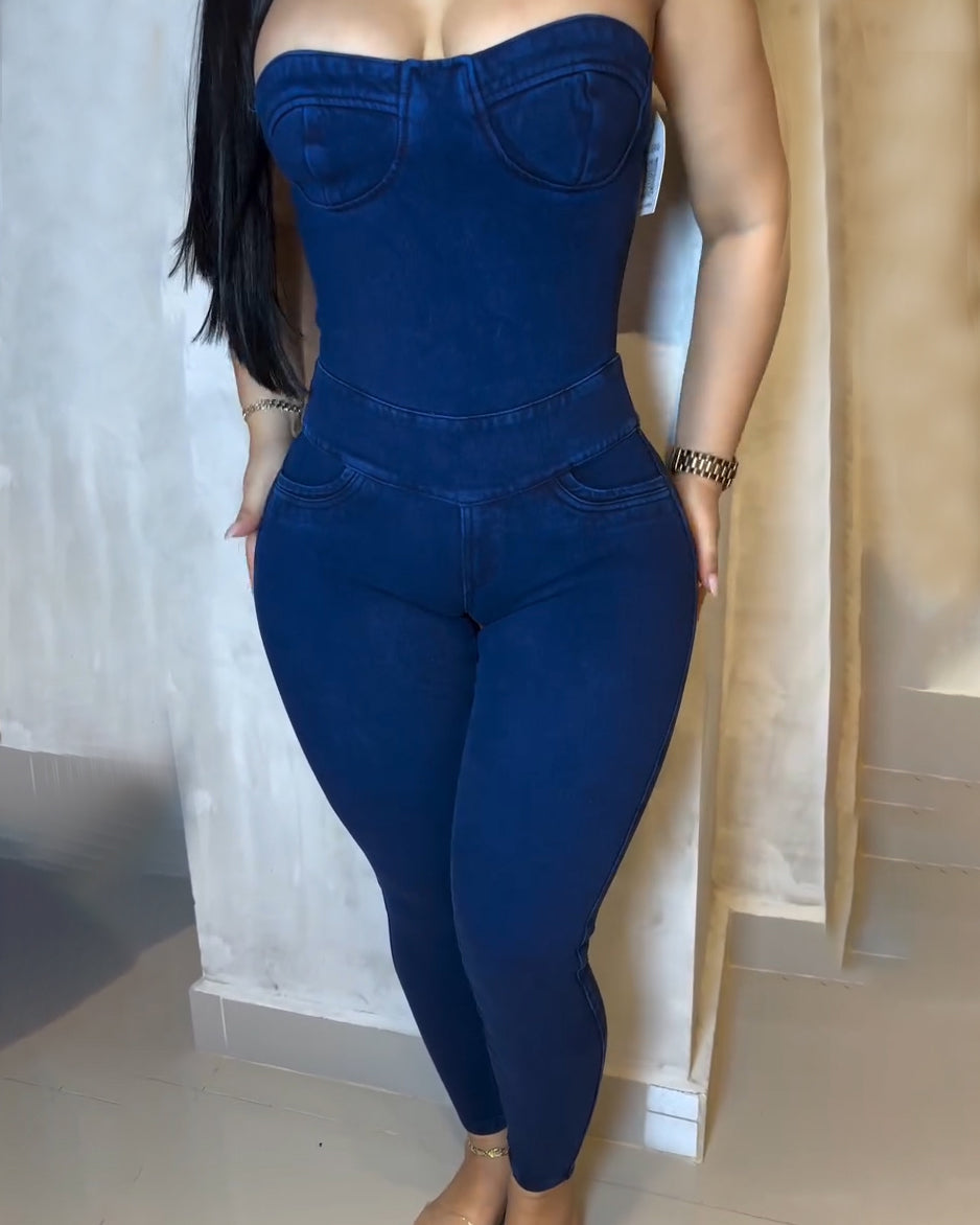Bandeau Back Tie Slim Denim Jumpsuit Blue