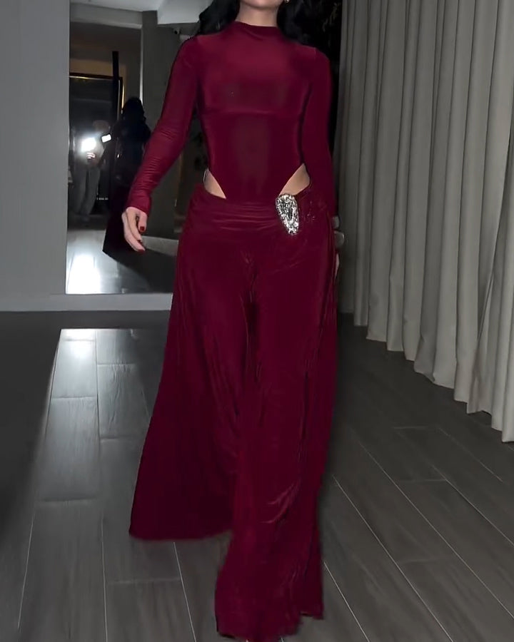 Women's Long-Sleeved Wide-Leg Slim Fit Two-Piece Set DarkRed
