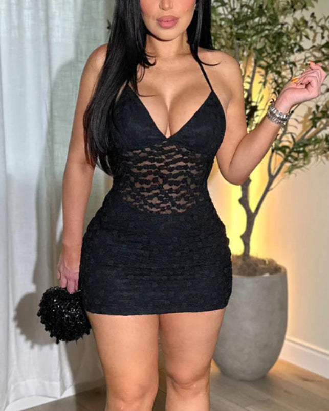 Sexy Lace Mesh Bodycon Mini Dress Black