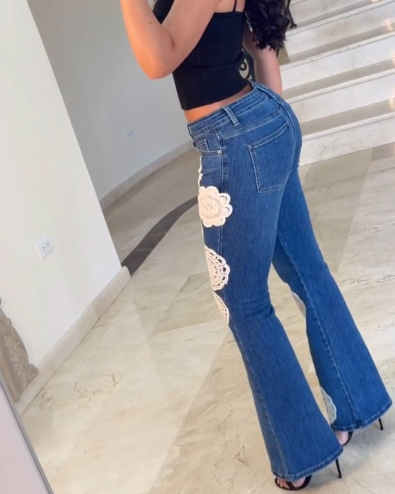 Floral Crochet Slim-Fit Skinny Flare Jeans
