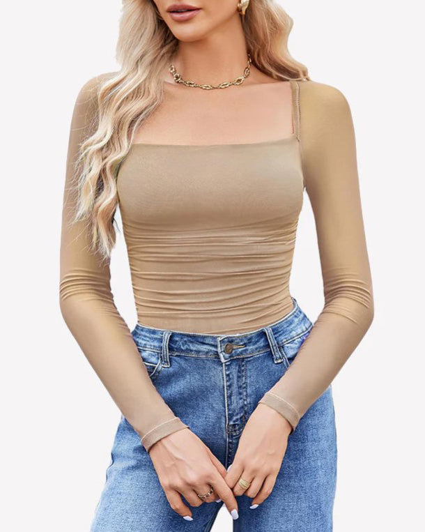Sexy Square Neck Ruched Mesh Long Sleeve Shaping Bodysuit Tan