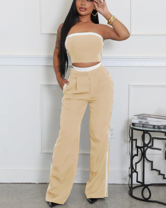 Fashion Stitching Style Tube Top Wide Leg 2 Piece Set Tan