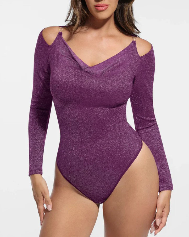 Shiny Long-Sleeved Slim-Fitting Bodysuit Purple