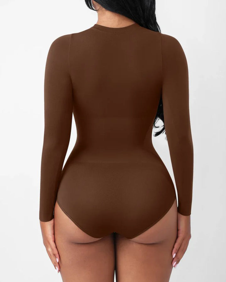 Seamless Comfort Round Neck Long-Sleeved Thong Shaper Bodysuit