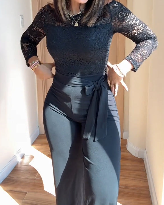 Lace-Paneled Off-the-Shoulder Long-Sleeved Bodycon Jumpsuit