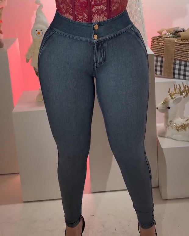 Butt Lifting Double-Breasted Skinny Jeans Blue