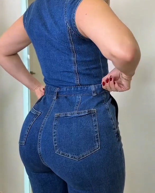 Women's Square-Neck Casual Denim Jumpsuit