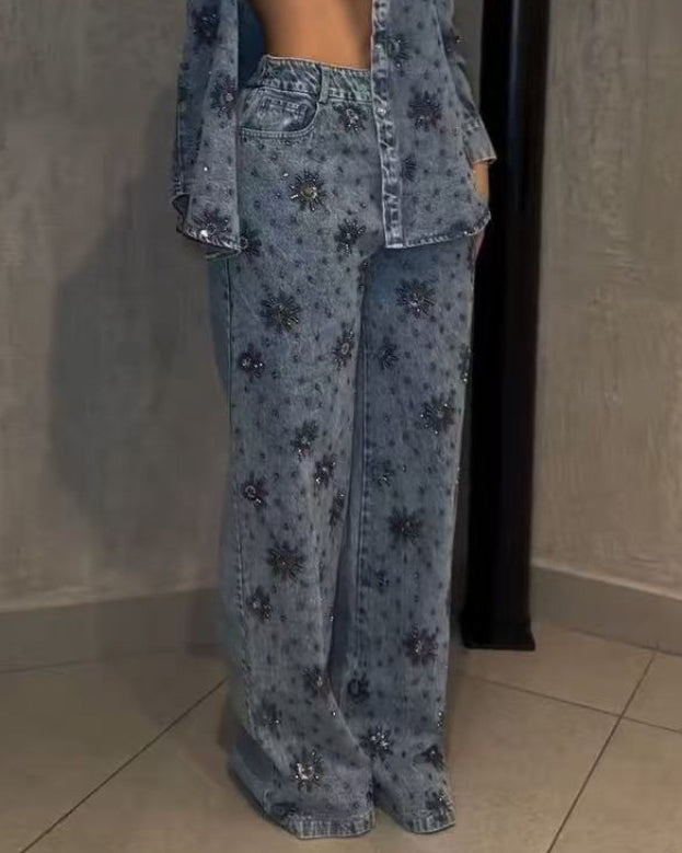 Women's Floral Beaded Sparkling Straight Leg Jeans Blue