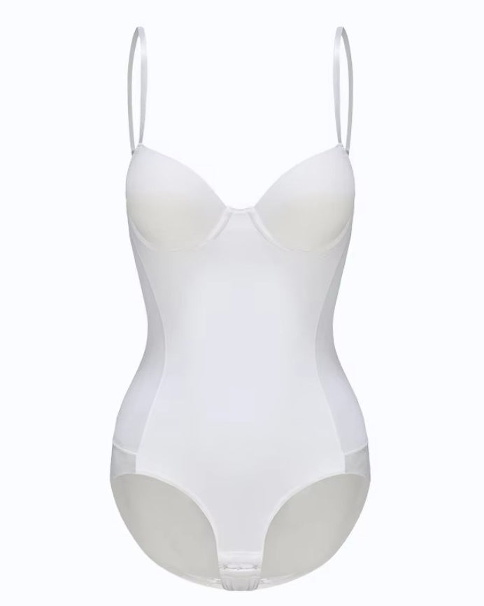 Women's V-Neck Mesh Tummy Control Thong Shaping Bodysuit White