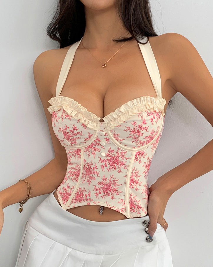 Sexy Print Halter Neck Tie Back Corset Top Red