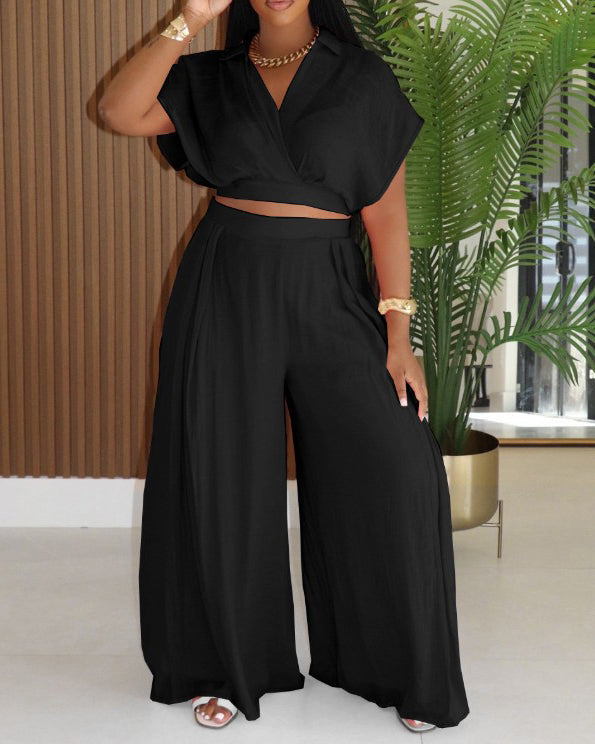 Casual Lapel Cropped Top Wide Leg Pants 2-Piece Set Black