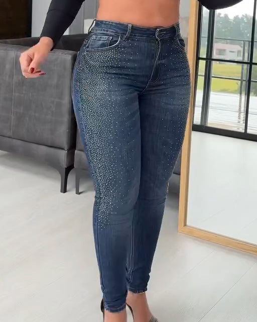 Rhinestone-Trimmed Sparkly Skinny Jeans