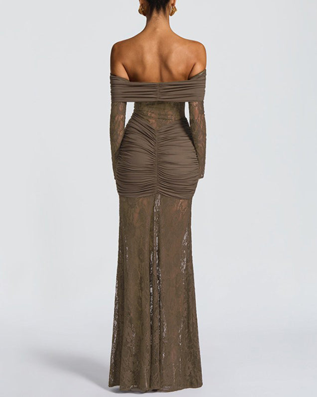 Sexy Lace Off-Shoulder Slit Long-Sleeved Dress
