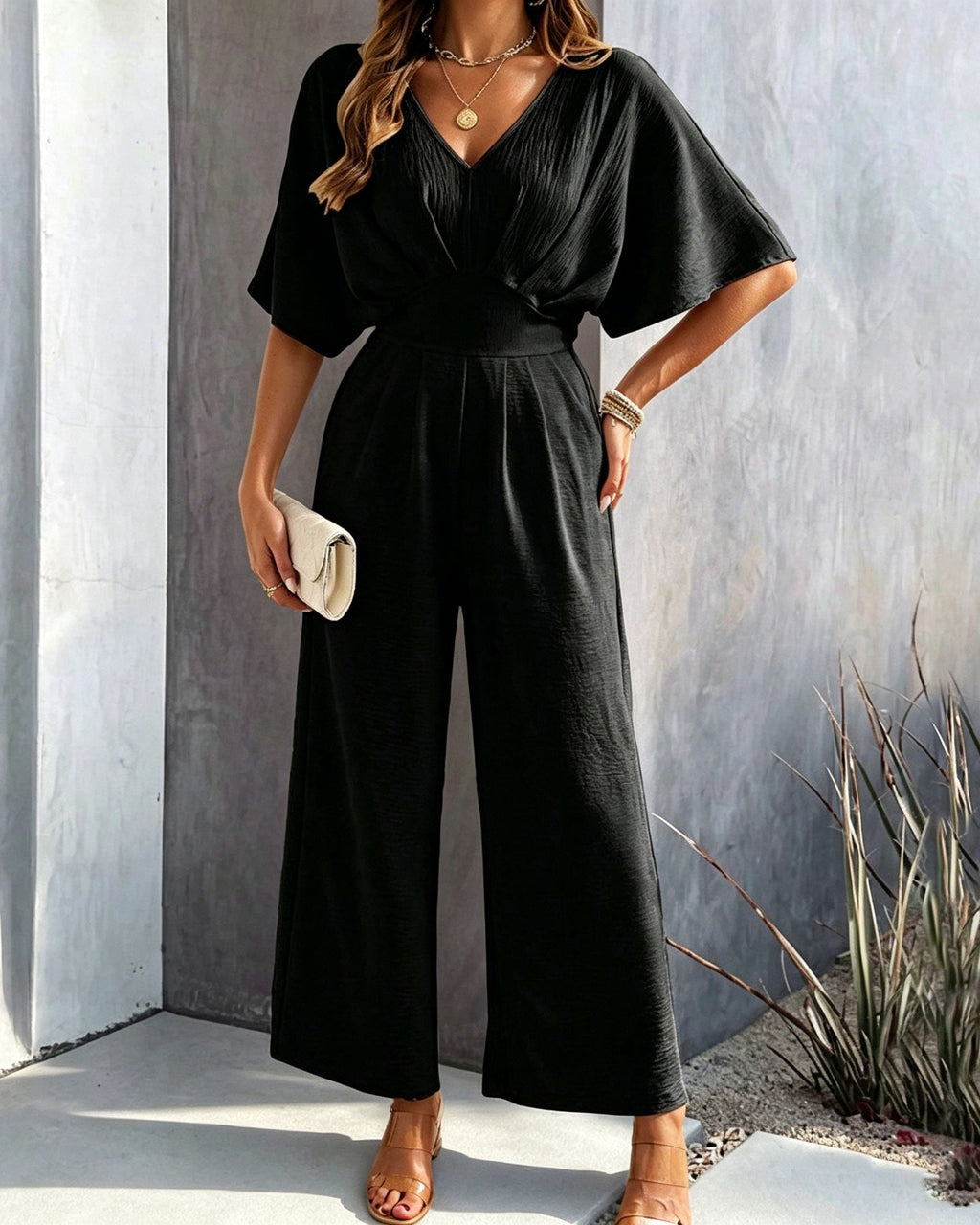 V-Neck Batwing Sleeve Cross Waist Wide Leg Jumpsuit