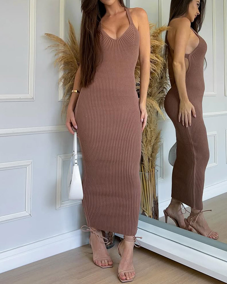 Ribbed Knit Backless Bodycon Dress Peru