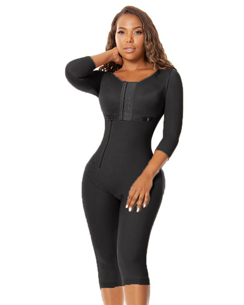 Side Zipper Breast Support Sleeved Tummy Control Full Body Shapewear Black