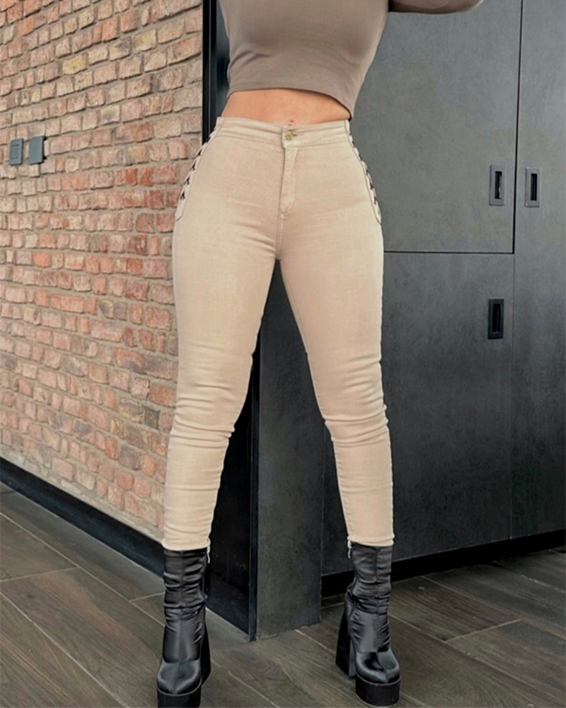 Women Fashion Design Braided Skinny Jeans