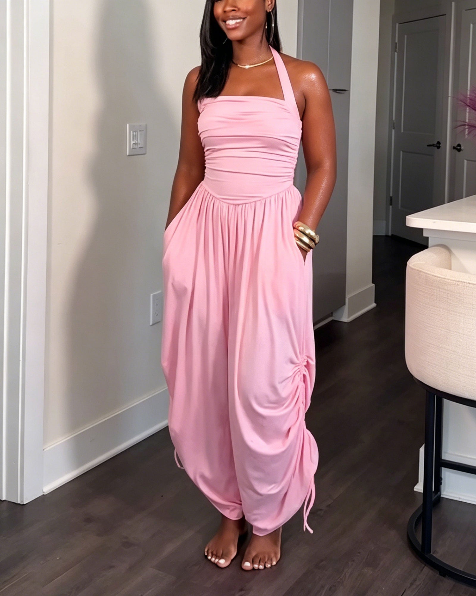 Backless Pleated Drawstring Waist Wide Leg Loose Fitting Jumpsuit