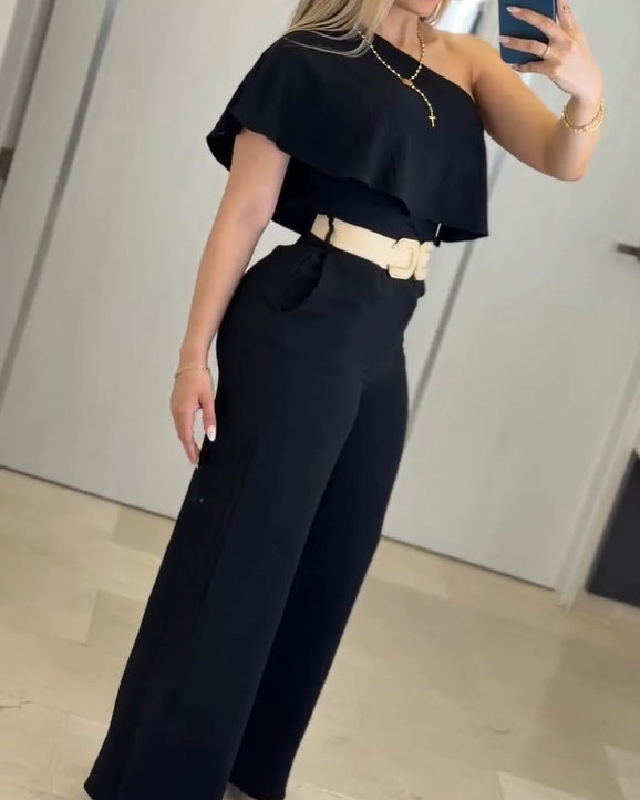 One Shoulder Ruffle Wide Leg Jumpsuit