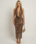 Halter Deep-V Leopard Bodycon Evening Dress