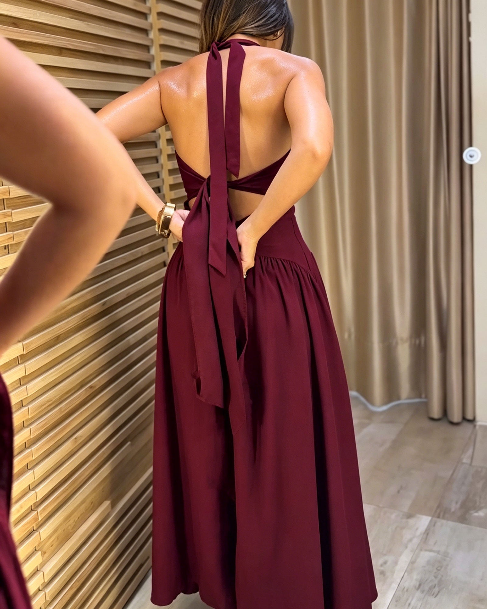 Solid Color Backless Tie Waist Pleated Flowing Long Dress