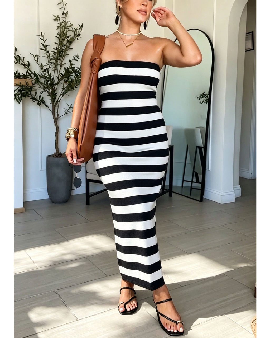 Horizontal Striped Strapless Bralette Fitted Knit Midi Dress